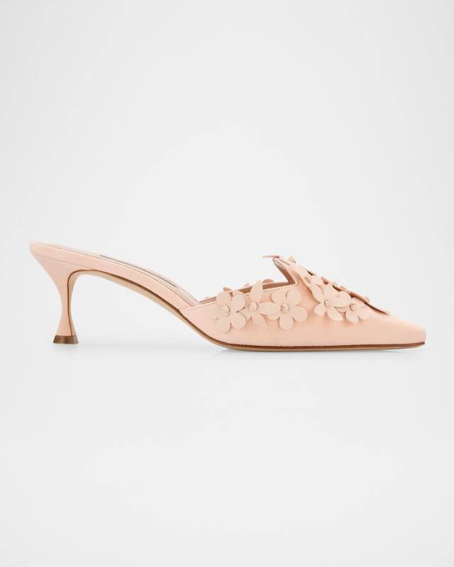 Harnes Flower Suede Kitten-Heel Mules
